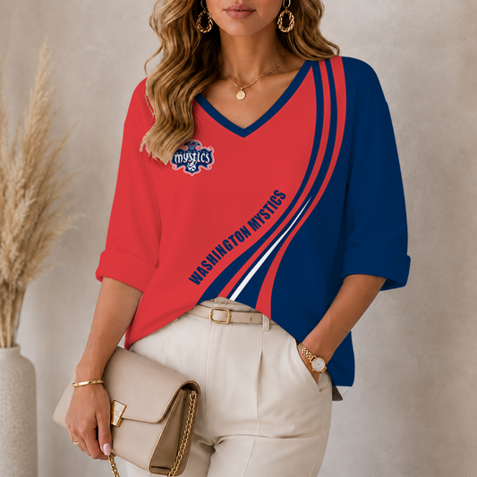 [FAN FAVORITE] NEW CUSTOMIZED WNBA13 WSM WASHINGTON MYSTICS WOMEN'S HEART V-NECK LONG SLEEVE SHIRT