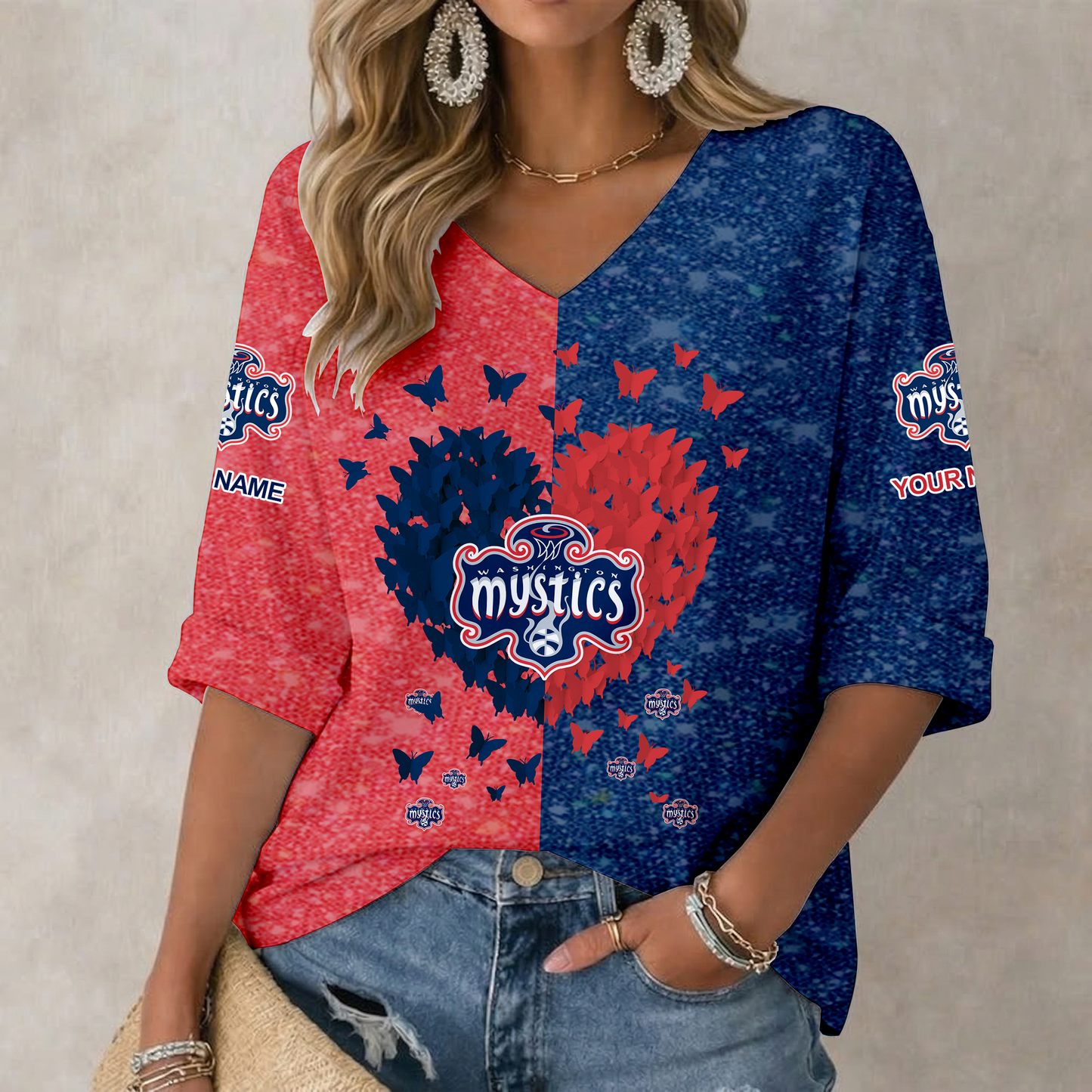LIMITED EDITION - NEW CUSTOMIZED WNBA13 WSM WA MYSTICS WOMEN'S HEART V-NECK LONG SLEEVE SHIRT