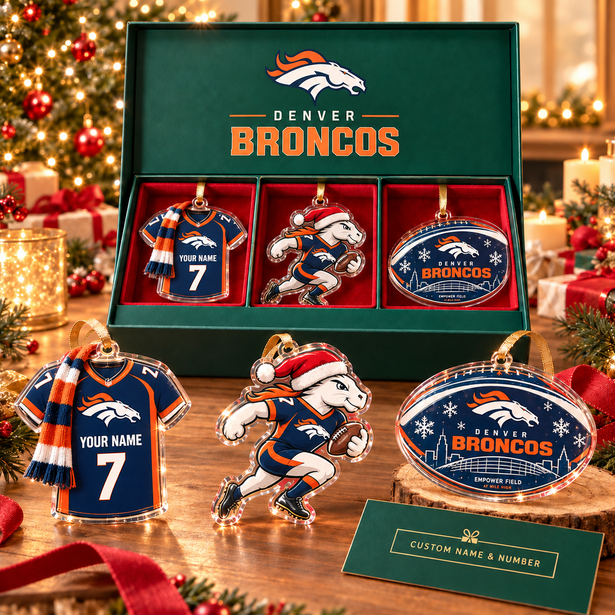 [FULL SET 3 ITEMS - NO BOX] NEW CUSTOMIZED NFL13 DVB DENVER BRONCOS CHRISTMAS ACRYLIC ORNAMENT