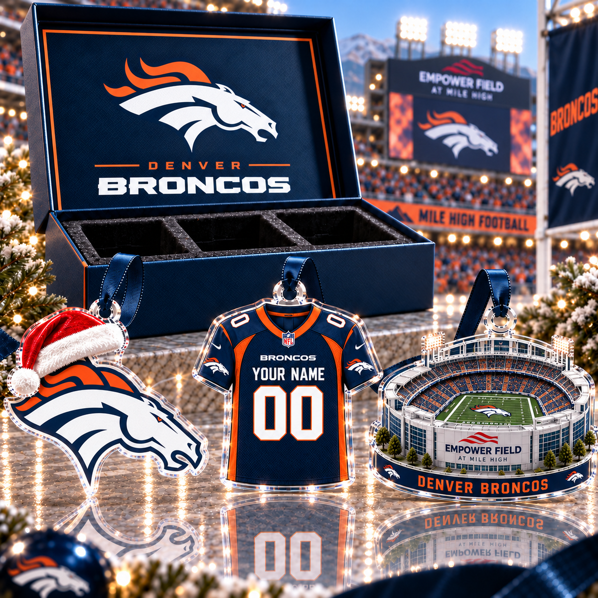 [FULL SET 3 ITEMS - NO BOX] NEW CUSTOMIZED NFL13 DVB DENVER BRONCOS CHRISTMAS ACRYLIC ORNAMENT