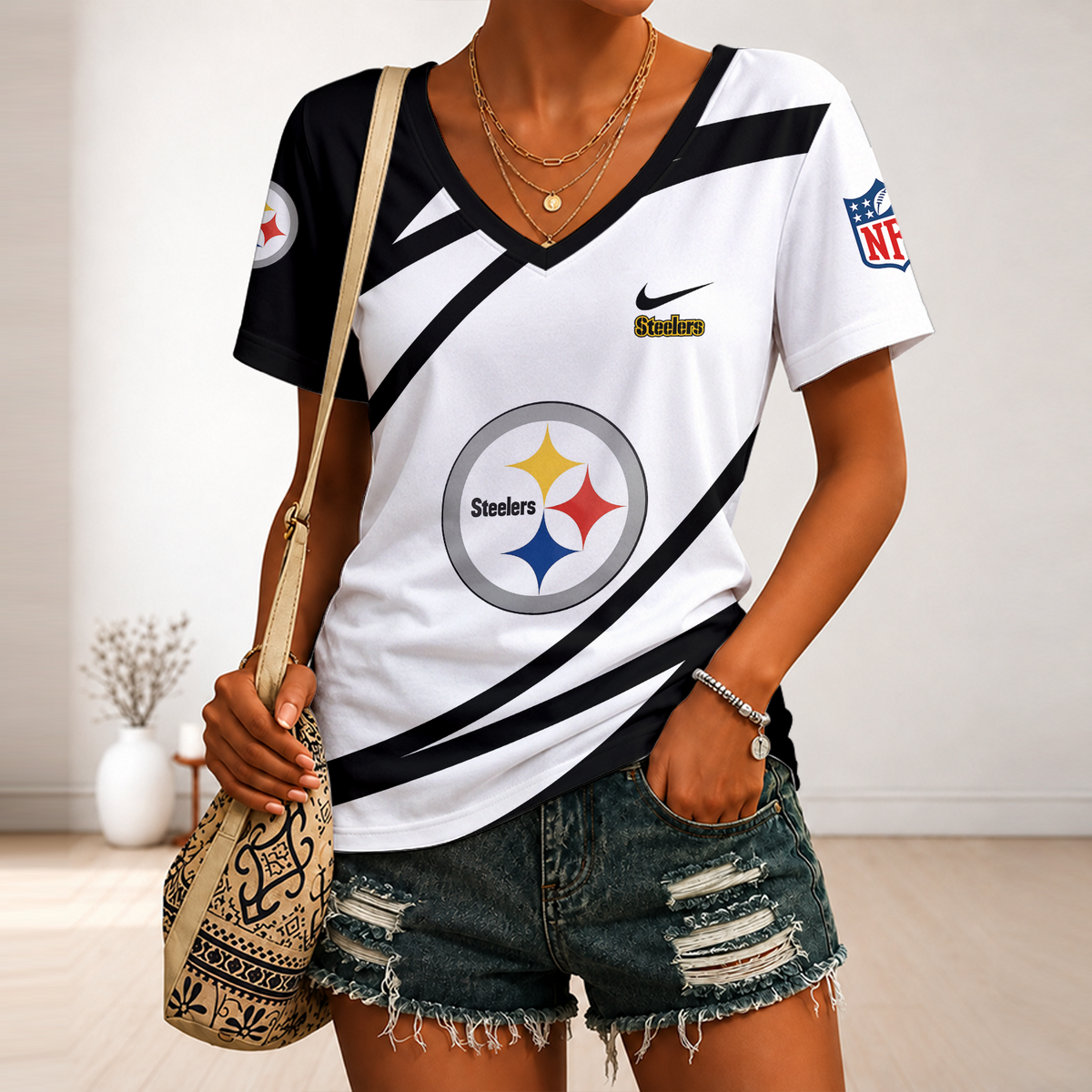 [SPECIAL OFFER] NEW CUSTOMIZED NFL14 PSB PITTSBURGH STEELERS V-NECK FEMALE SHIRT