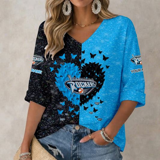 LIMITED EDITION - NEW CUSTOMIZED WNBA14 CLR CL ROCKERS WOMEN'S HEART V-NECK LONG SLEEVE SHIRT