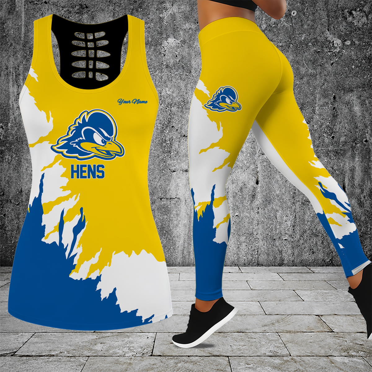 [FAN FAVORITE] NEW CUSTOMIZED NCAA CFH14 DFH DELAWARE FIGHTIN' BLUE HENS HOLLOW TANK TOP & LEGGINGS SET