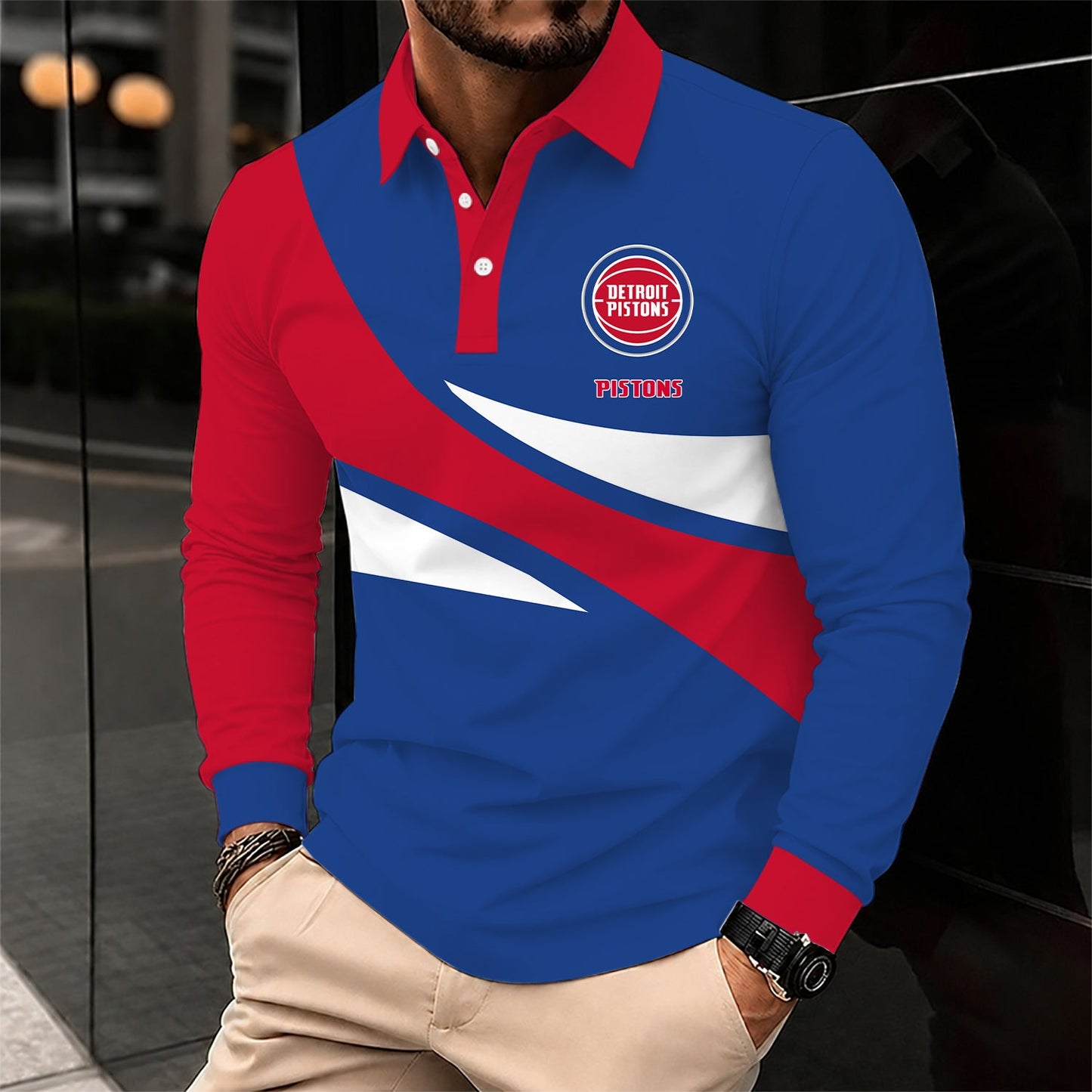 [HOT DEAL] NEW CUSTOMIZED NBA14 DPI DETROIT PISTONS MEN LONG SLEEVE POLO