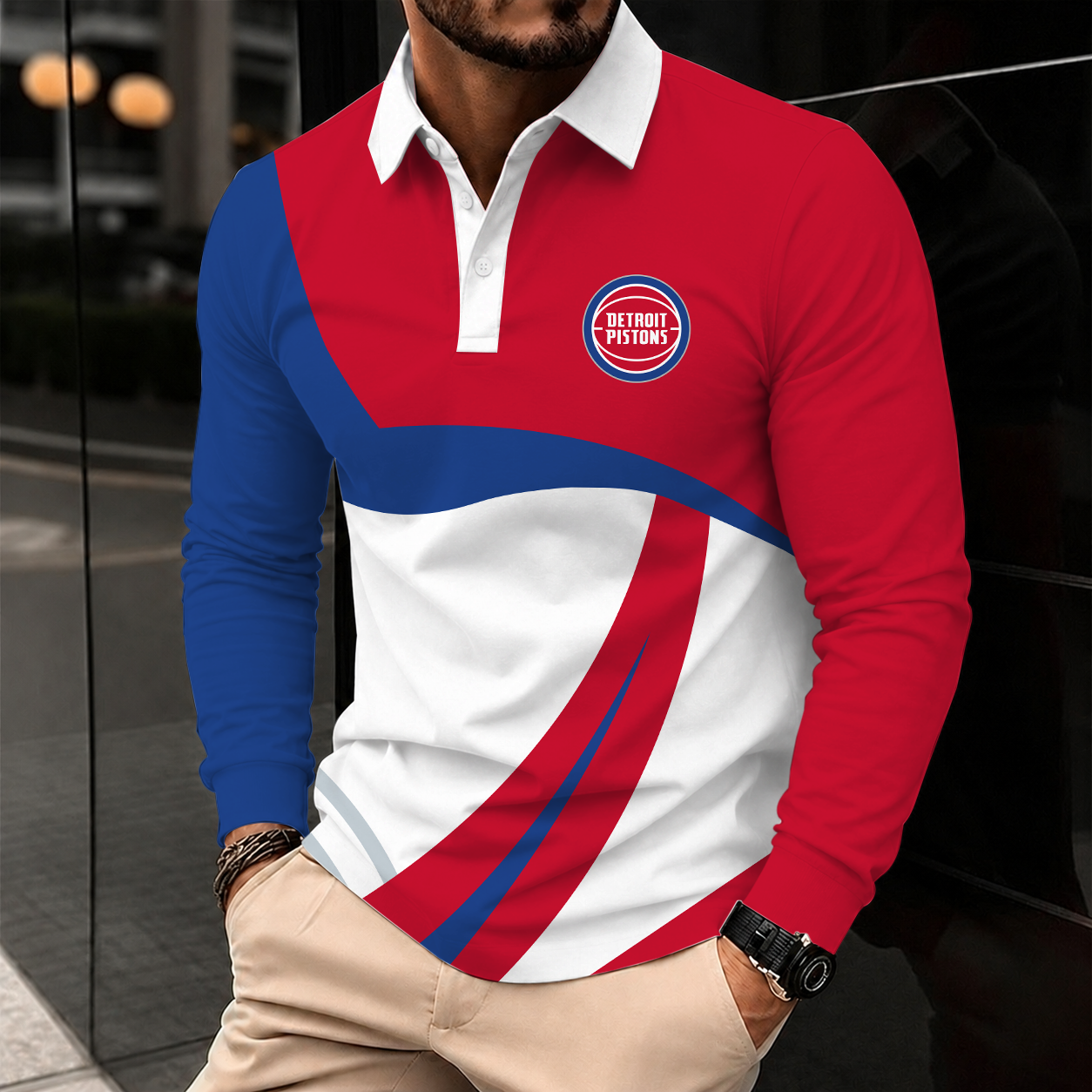 [HOT DEAL] NEW CUSTOMIZED NBA14 DPI DETROIT PISTONS MEN LONG SLEEVE POLO