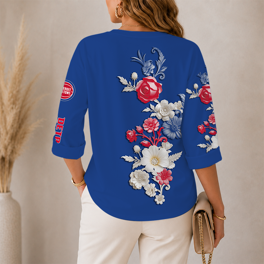 LIMITED EDITION - NEW CUSTOMIZED NBA14 DPI DETROIT PISTONS WOMEN'S V-NECK LONG SLEEVE SHIRT