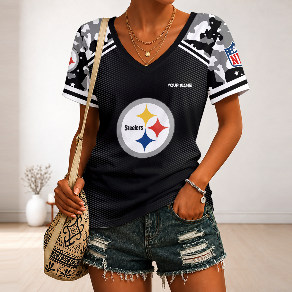 [SPECIAL OFFER] NEW CUSTOMIZED NFL14 PSB PITTSBURGH STEELERS V-NECK FEMALE SHIRT