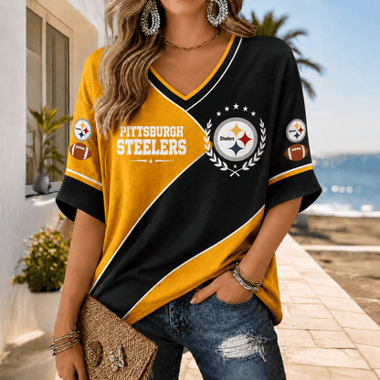 [SPECIAL OFFER] NEW CUSTOMIZED NFL14 PSB PITTSBURGH STEELERS WOMEN'S HEART V-NECK LONG SLEEVE SHIRT