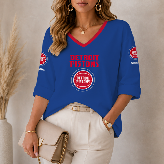 [HOT DEAL] NEW CUSTOMIZED NBA14 DPI DETROIT PISTONS WOMEN'S HEART V-NECK LONG SLEEVE SHIRT
