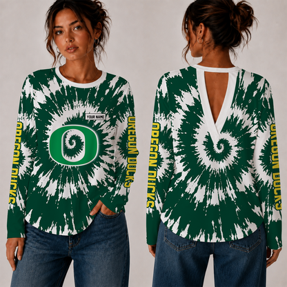 [FAN FAVORITE] NEW CUSTOMIZED NCAA FBS14 OGD OREGON DUCKS WOMEN'S BACK V-CUT LONG-SLEEVE SHIRT