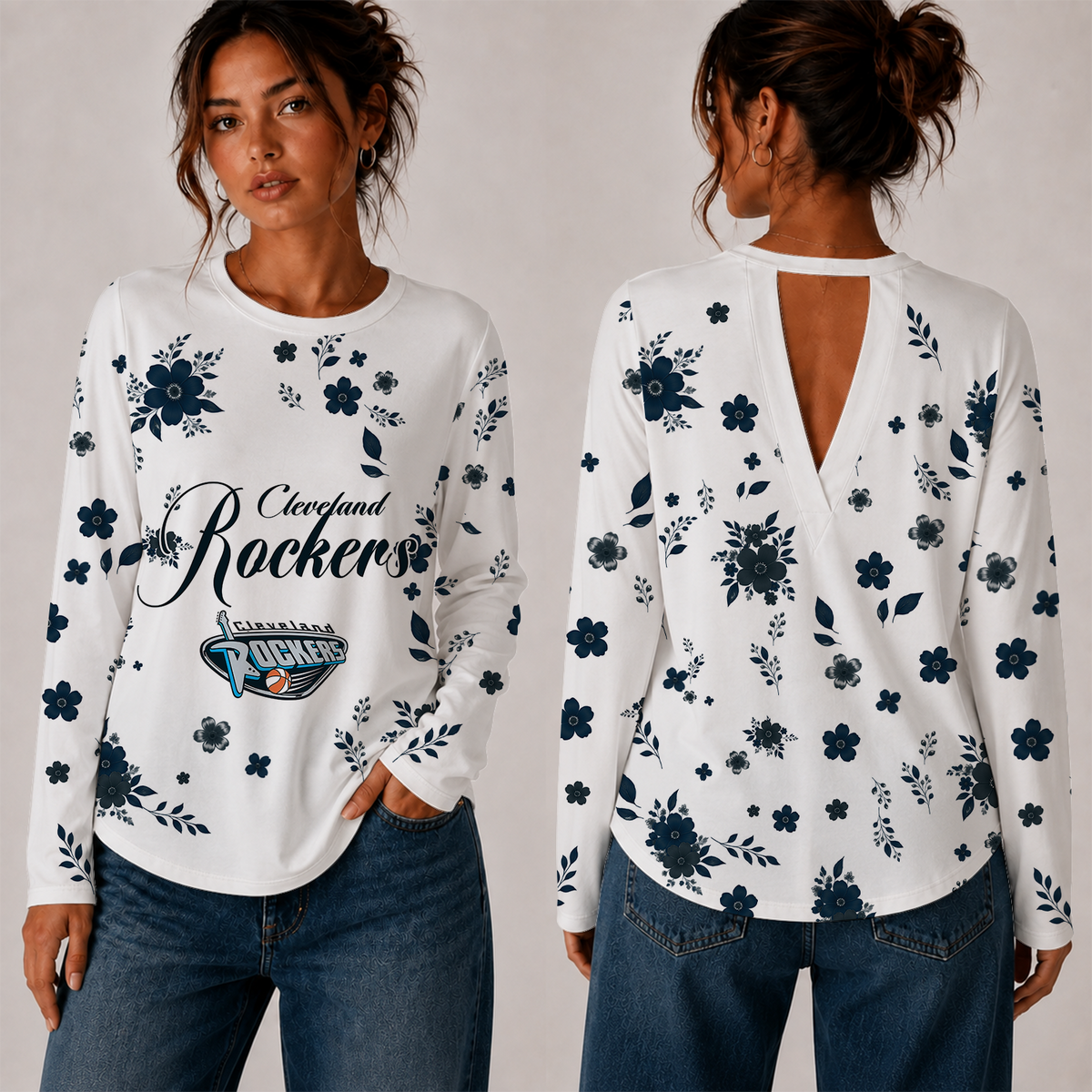 [FAN FAVORITE] NEW CUSTOMIZED WNBA14 CLR CLEVELAND ROCKERS WOMEN'S BACK V-CUT LONG-SLEEVE SHIRT
