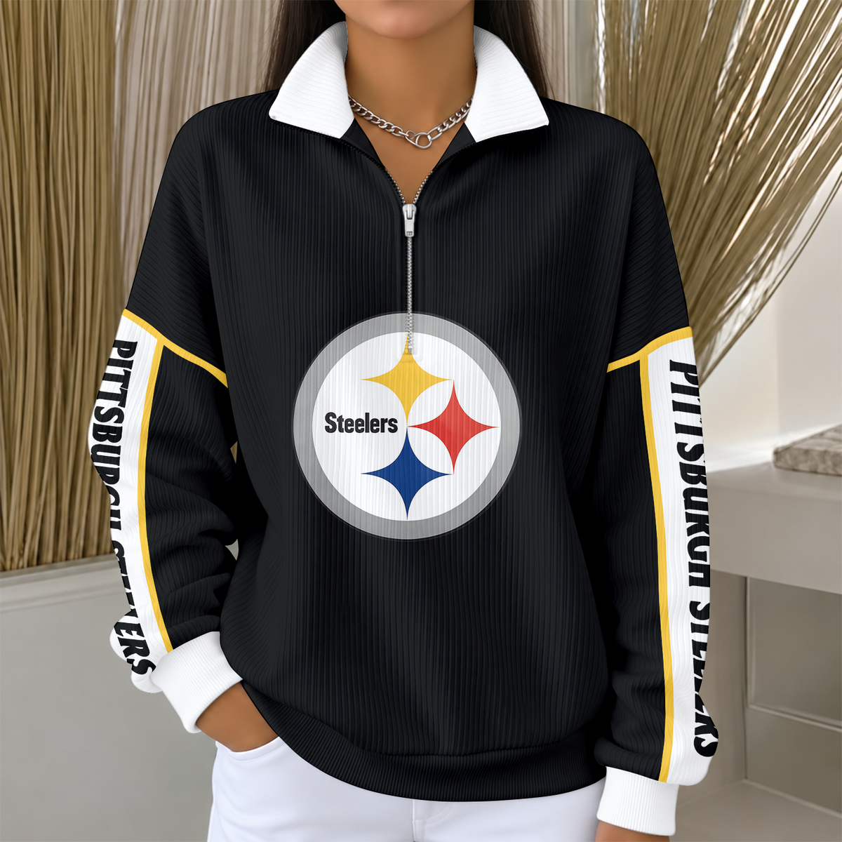 [SPECIAL OFFER] NEW CUSTOMIZED NFL14 PSB PITTSBURGH STEELERS QUARTER ZIP RIBBED SWEATER