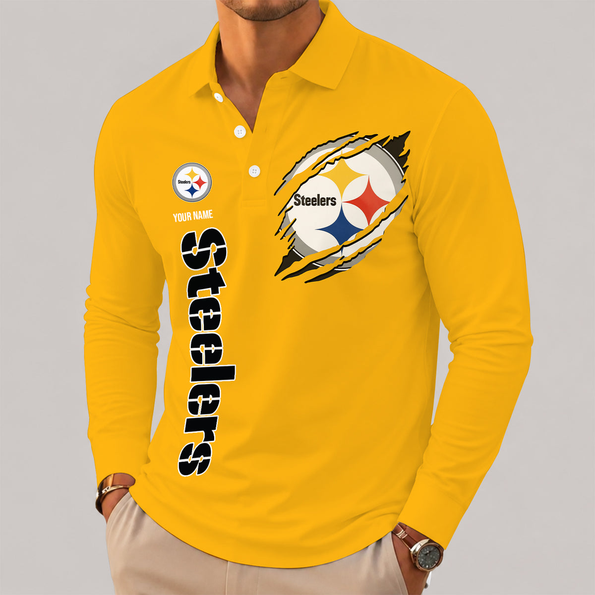 [SPECIAL OFFER] NEW CUSTOMIZED NFL14 PSB PITTSBURGH STEELERS LONG SLEEVE POLO SHIRT