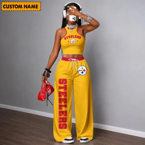 [SPECIAL OFFER] NEW CUSTOMIZED NFL14 PSB PITTSBURGH STEELERS WOMEN'S CROP TOP & LONGPANTS SET