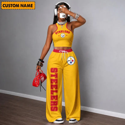 [SPECIAL OFFER] NEW CUSTOMIZED NFL14 PSB PITTSBURGH STEELERS WOMEN'S CROP TOP & LONGPANTS SET