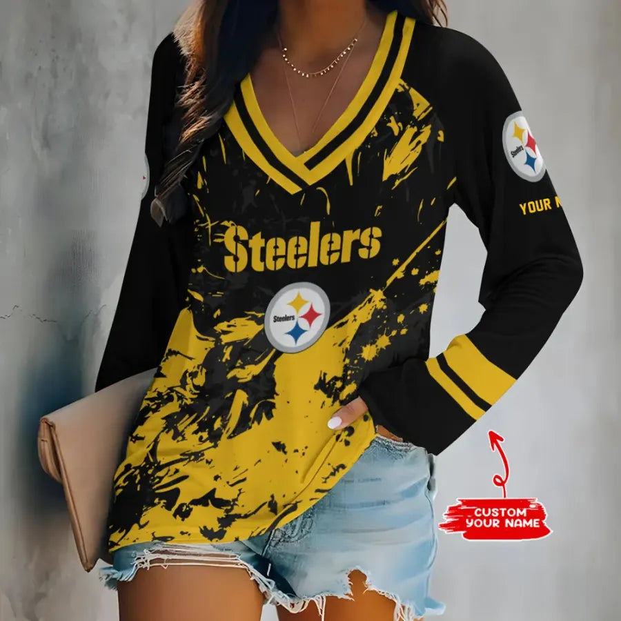[HOT DEAL] NEW CUSTOMIZED NFL14 PSB PITTSBURGH STEELERS WOMEN'S V-NECK LONG SLEEVED SHIRT