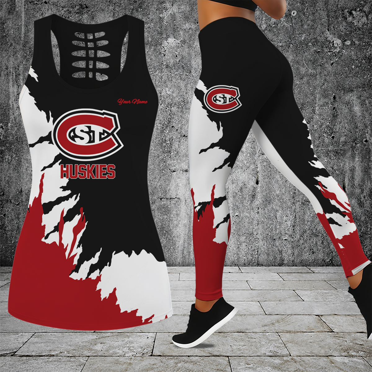 [FAN FAVORITE] NEW CUSTOMIZED NCAA MFF14 SCH ST. CLOUD STATE HUSKIES HOLLOW TANK TOP & LEGGINGS SET