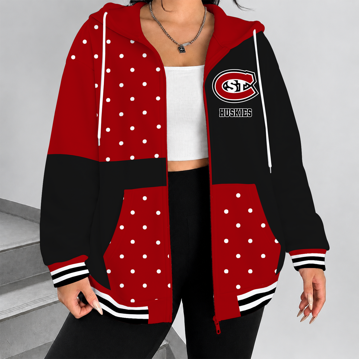 [FAN FAVORITE] NEW CUSTOMIZED NCAA MFF14 SCH ST. CLOUD STATE HUSKIES STRAPPY ZIP HOODIE