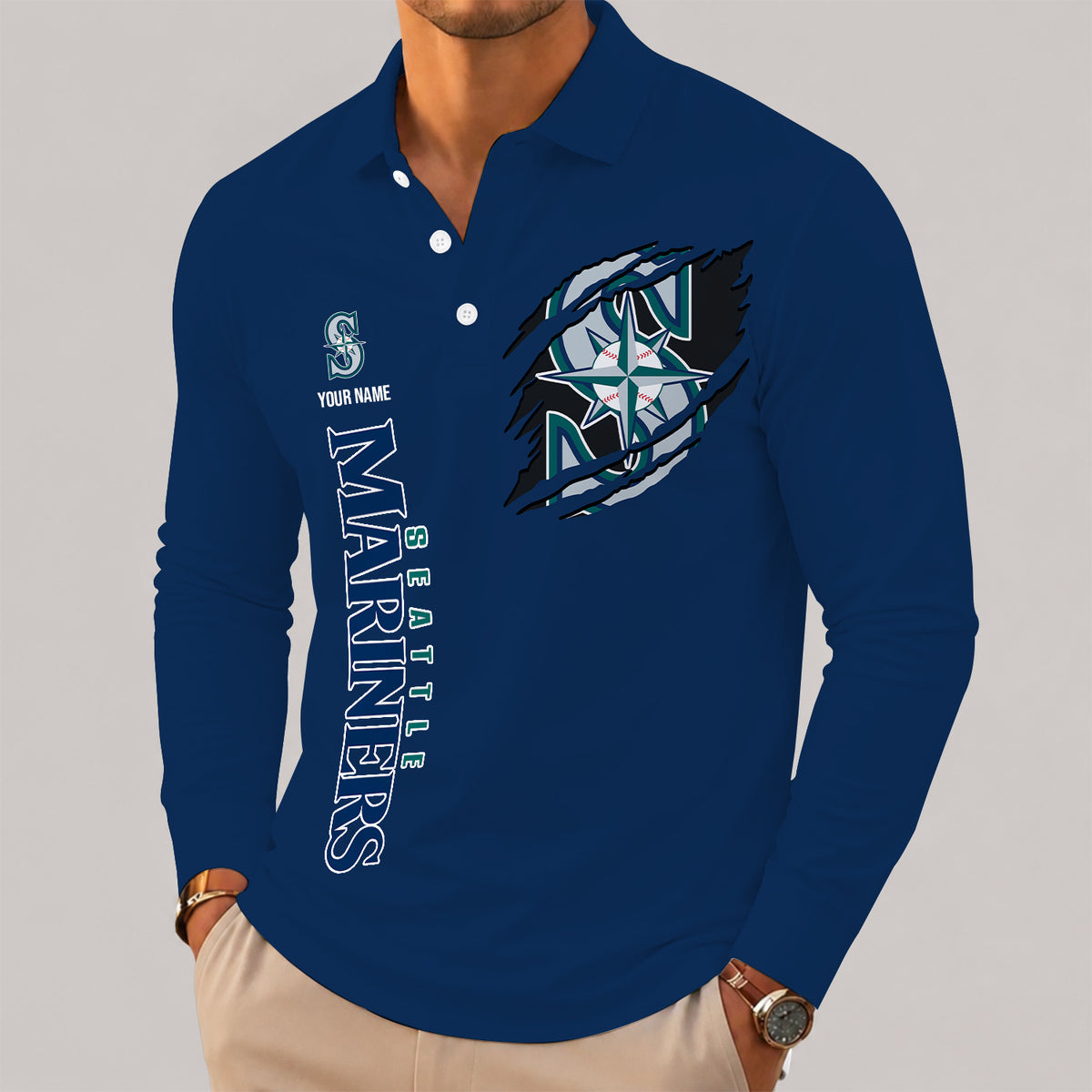 [FLASH SALE] NEW CUSTOMIZED MLB14 SMS SEATTLE MARINERS MEN'S LONG SLEEVE POLO