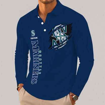 [FLASH SALE] NEW CUSTOMIZED MLB14 SMS SEATTLE MARINERS MEN'S LONG SLEEVE POLO