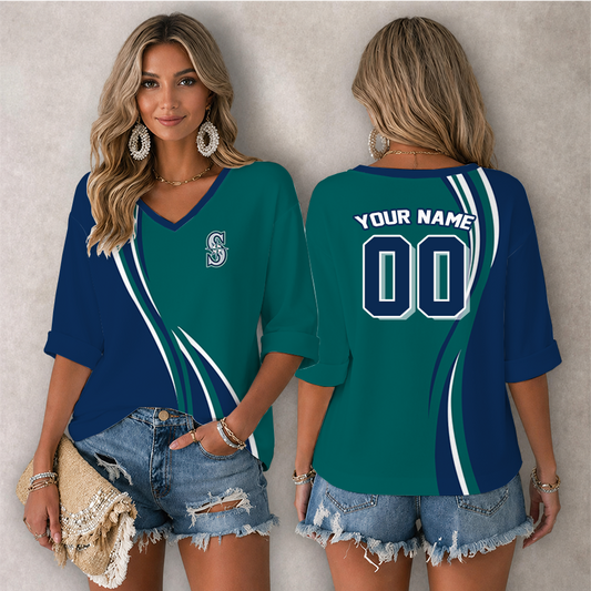 [FLASH SALE] NEW CUSTOMIZED MLB14 SMS SEATTLE MARINERS WOMEN'S HEART V-NECK LONG SLEEVE SHIRT