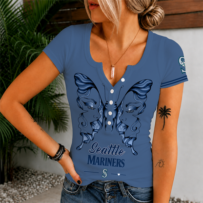 [FLASH SALE] NEW CUSTOMIZED MLB14 SMS SEATTLE MARINERS WOMEN'S SHORT SLEEVE HENLEY T-SHIRT