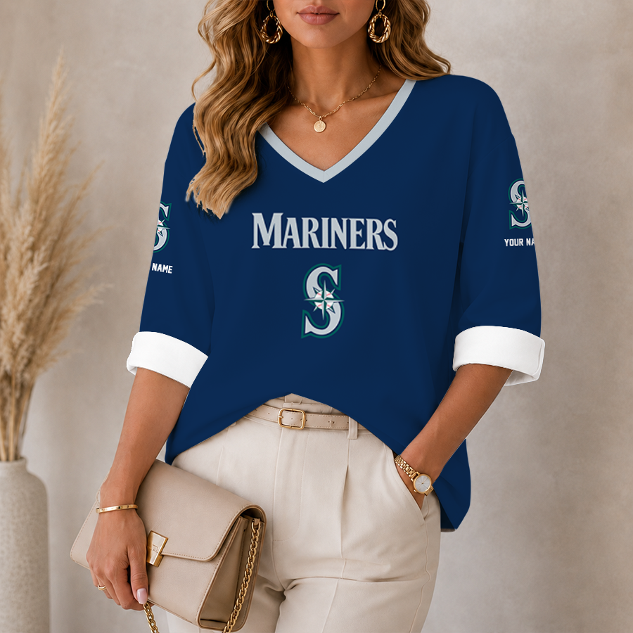 [FLASH SALE] NEW CUSTOMIZED MLB14 SMS SEATTLE MARINERS WOMEN'S HEART V-NECK LONG SLEEVE SHIRT