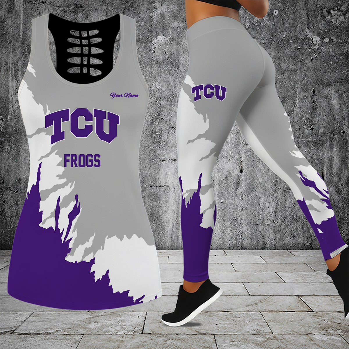 [FAN FAVORITE] NEW CUSTOMIZED NCAA CWS14 THF TCU HORNED FROGS HOLLOW TANK TOP & LEGGINGS SET