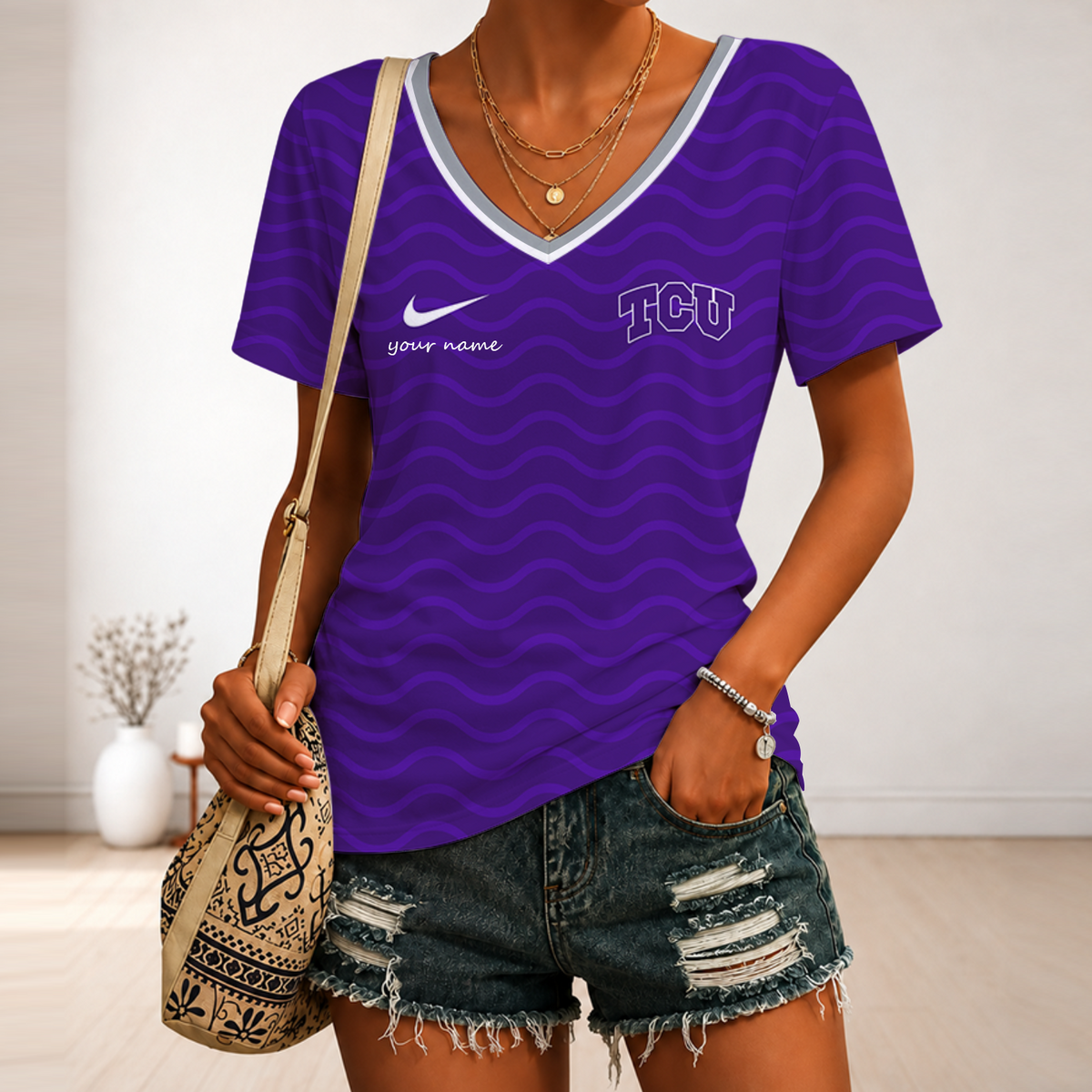 [FAN FAVORITE] NEW CUSTOMIZED NCAA CWS14 THF TCU HORNED FROGS V-NECK FEMALE SHIRT