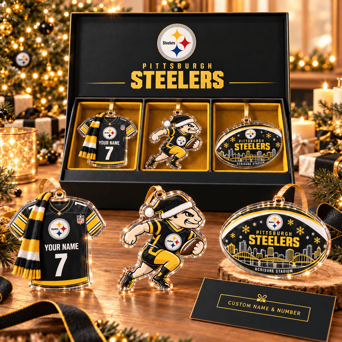 [FULL SET 3 ITEMS - NO BOX] NEW CUSTOMIZED NFL14 PSB PITTSBURGH STEELERS CHRISTMAS ACRYLIC ORNAMENT