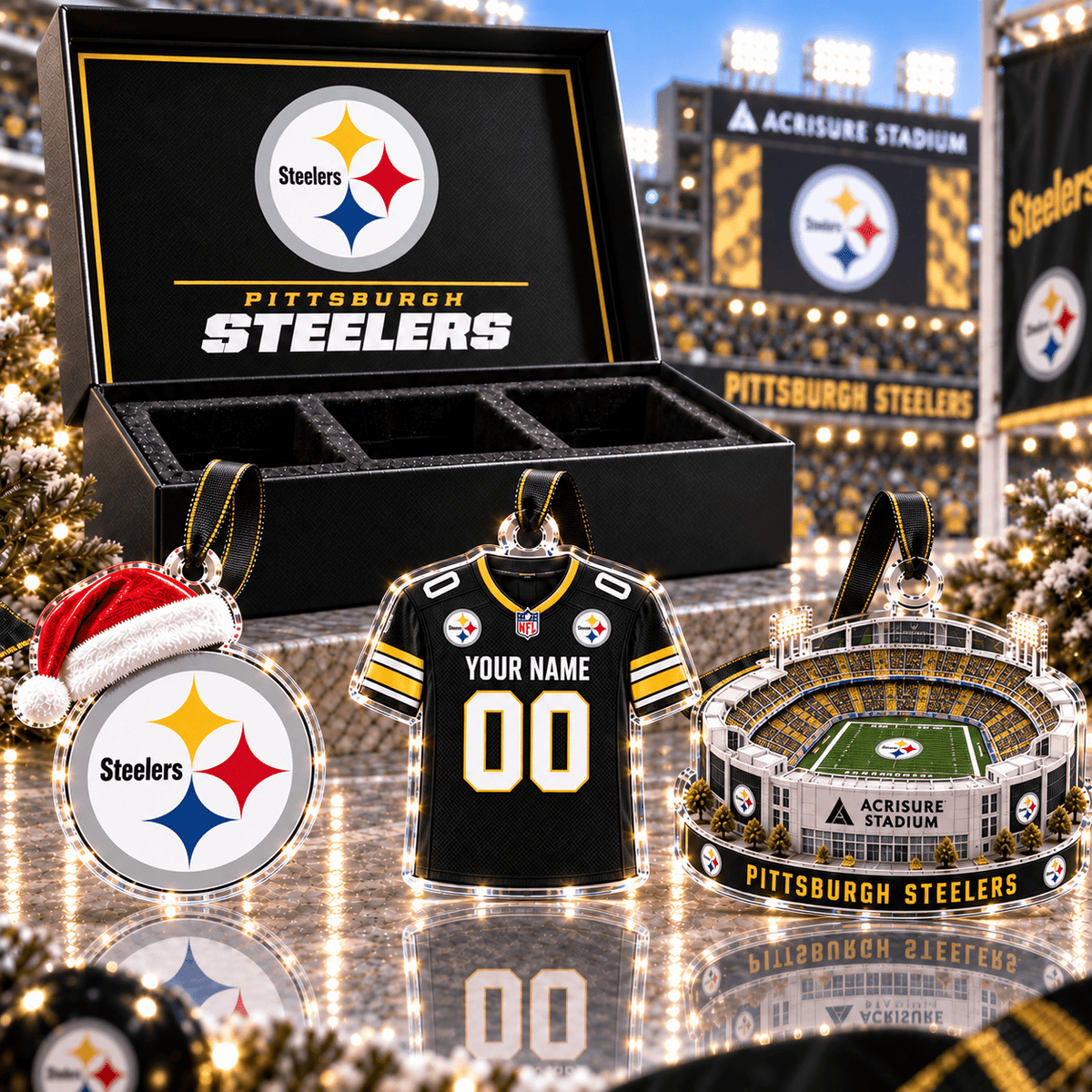 [FULL SET 3 ITEMS - NO BOX] NEW CUSTOMIZED NFL14 PSB PITTSBURGH STEELERS CHRISTMAS ACRYLIC ORNAMENT