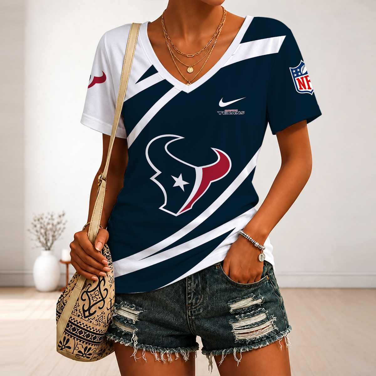 [SPECIAL OFFER] NEW CUSTOMIZED NFL15 HTT HOUSTON TEXANS V-NECK FEMALE SHIRT