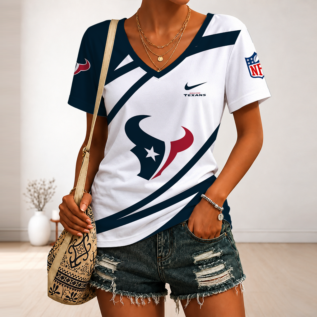 [SPECIAL OFFER] NEW CUSTOMIZED NFL15 HTT HOUSTON TEXANS V-NECK FEMALE SHIRT