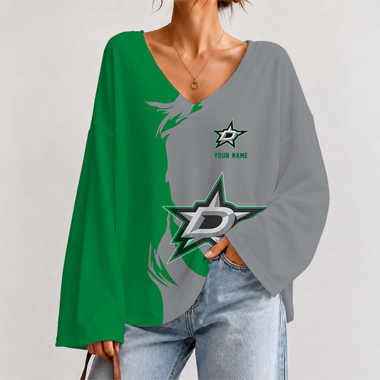 [SUPER SALE] NEW CUSTOMIZED NHL15 DLS DALLAS STARS V-NECK LONG SLEEVED CROP TOP