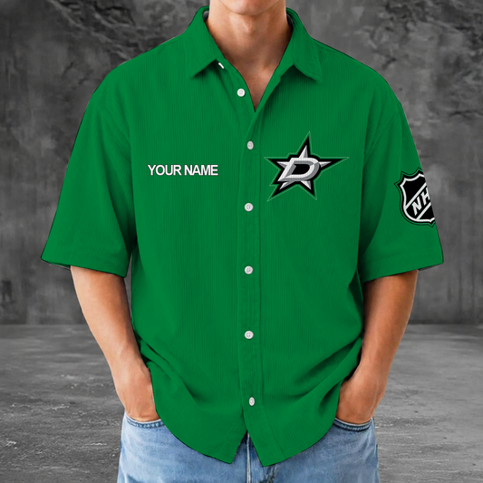 [SUPER SALE] NEW CUSTOMIZED NHL15 DLS DALLAS STARS SEERSUCKER BUTTON SHIRT