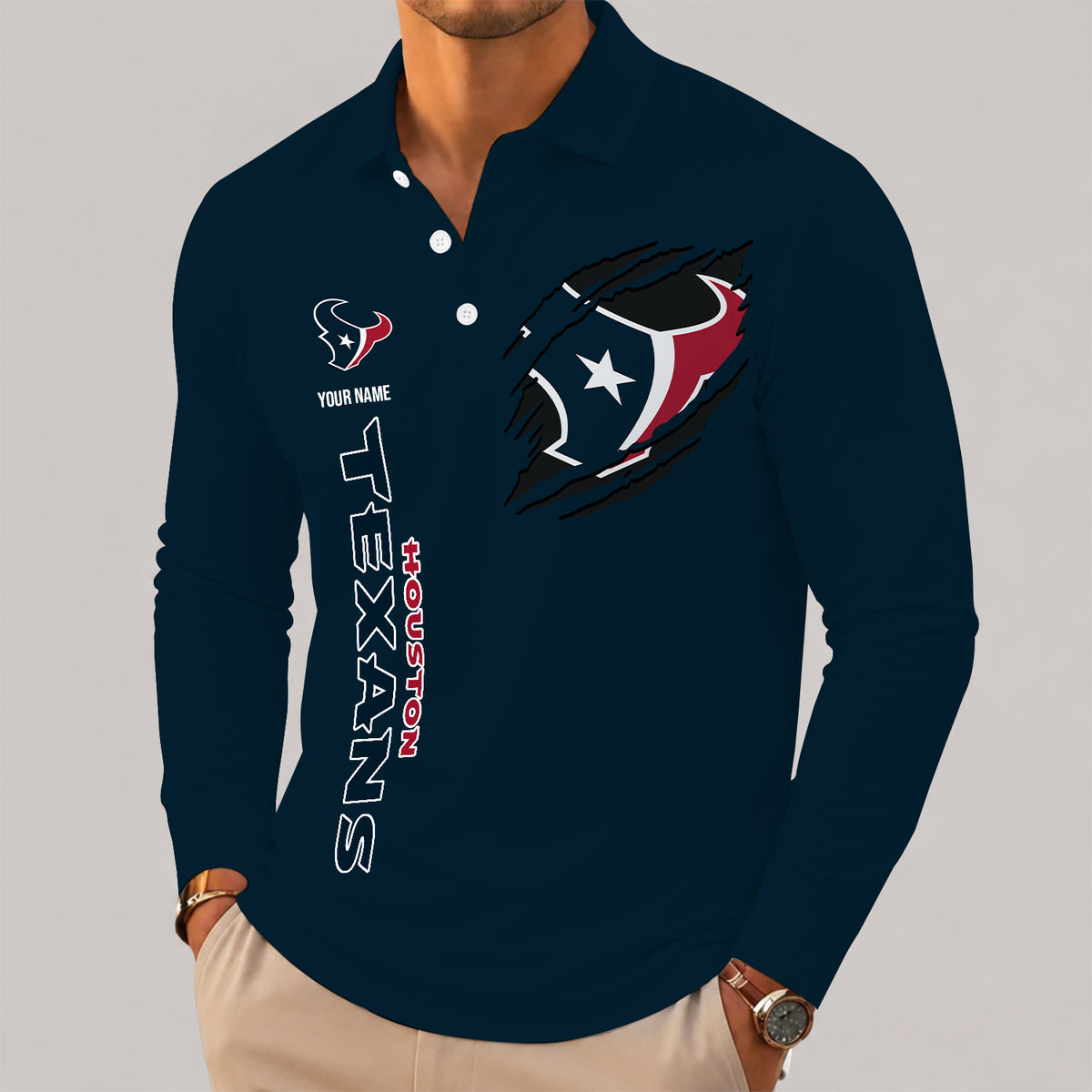 [SPECIAL OFFER] NEW CUSTOMIZED NFL15 HTT HOUSTON TEXANS LONG SLEEVE POLO SHIRT