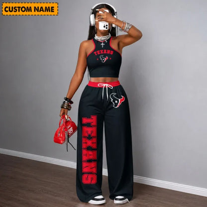 [SPECIAL OFFER] NEW CUSTOMIZED NFL15 HTT HOUSTON TEXANS WOMEN'S CROP TOP & LONGPANTS SET