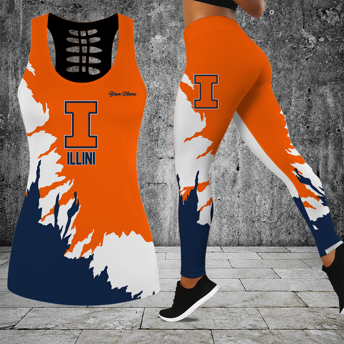 [FAN FAVORITE] NEW CUSTOMIZED NCAA MAM15 IFI ILLINOIS FIGHTING ILLINI STRAPPY HOLLOW TANK TOP & LEGGINGS SET