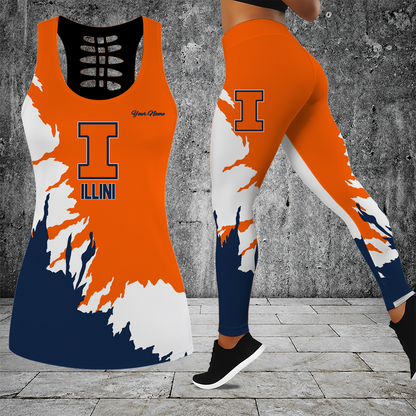 [FAN FAVORITE] NEW CUSTOMIZED NCAA MAM15 IFI ILLINOIS FIGHTING ILLINI STRAPPY HOLLOW TANK TOP & LEGGINGS SET