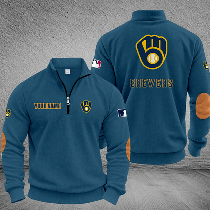 [FLASH SALE] NEW CUSTOMIZED MLB15 MBS MILWAUKEE BREWERS MULTICOLOR STRIPED QUATER ZIP SWEATSHIRT