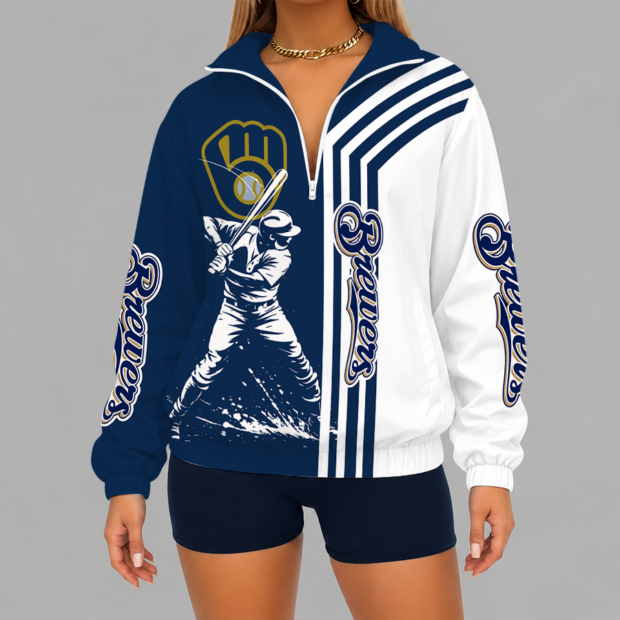 LIMITED EDITION - NEW CUSTOMIZED MLB15 MBS MILWAUKEE BREWERS V-NECK ZIPPER SWEATSHIRT JACKET