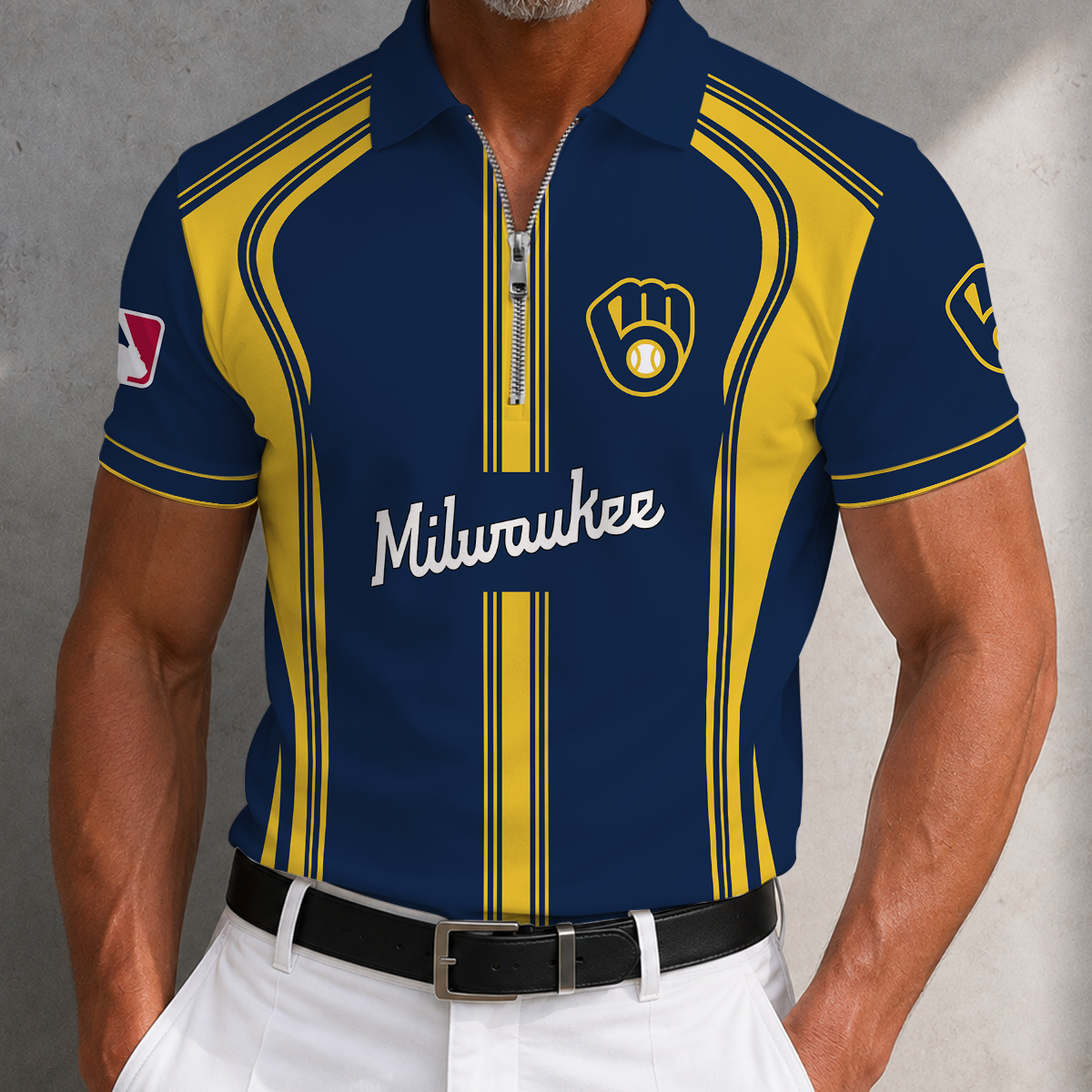 [FLASH SALE] NEW CUSTOMIZED MLB15 MBS MILWAUKEE BREWERS ZIP POLO SHIRT