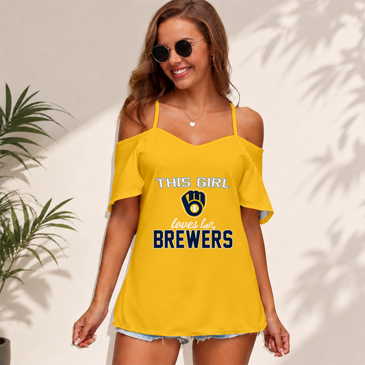 [FLASH SALE] NEW CUSTOMIZED MLB15 MBS MILWAUKEE BREWERS WOMEN'S STRAPPY OFF-SHOULDER TOP