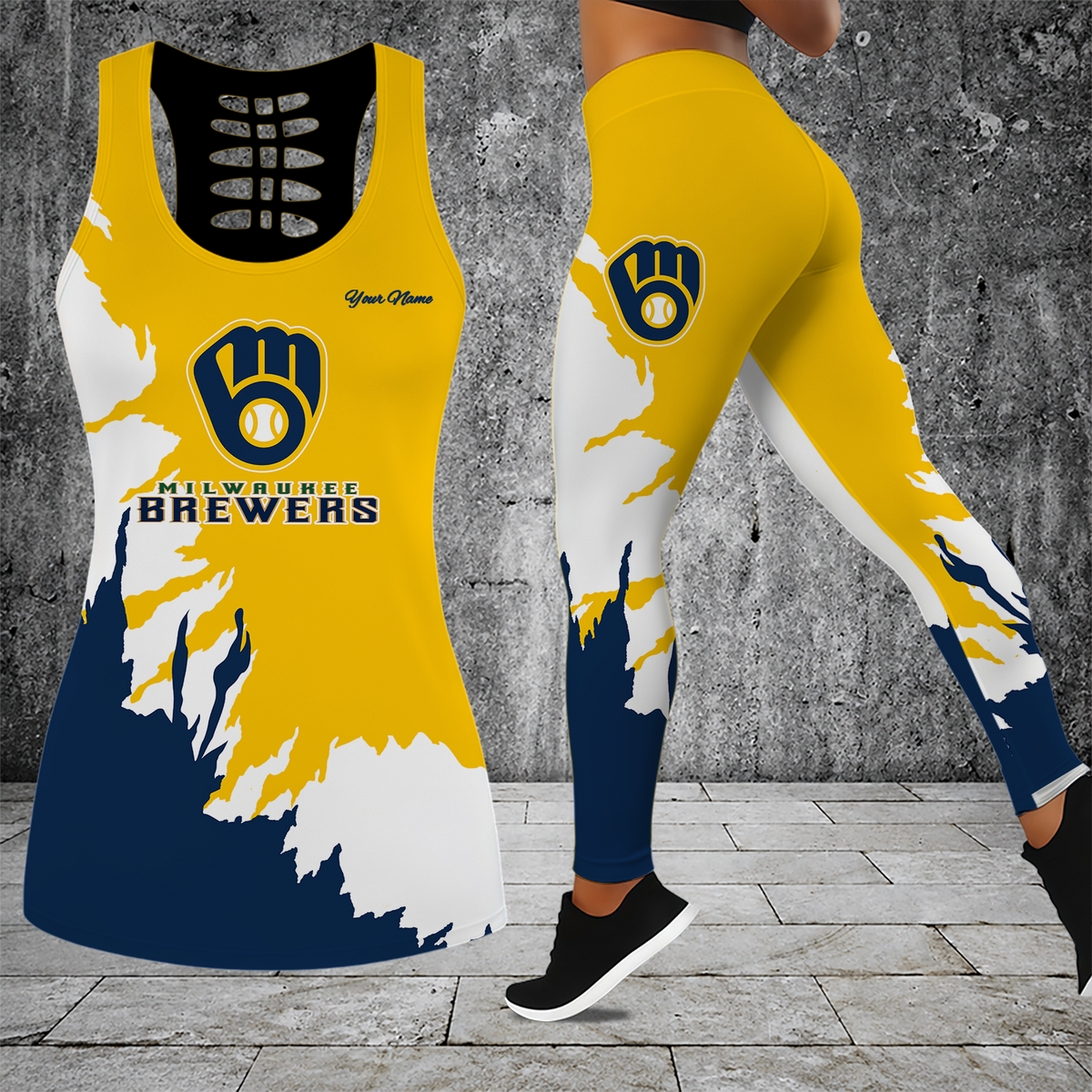 [FLASH SALE] NEW CUSTOMIZED MLB15 MBS MILWAUKEE BREWERS HOLLOW TANK TOP & LEGGINGS SET