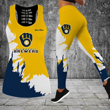 [FLASH SALE] NEW CUSTOMIZED MLB15 MBS MILWAUKEE BREWERS HOLLOW TANK TOP & LEGGINGS SET
