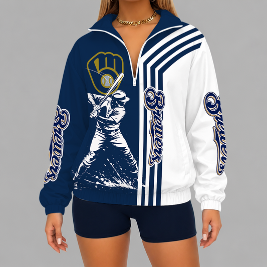 [FLASH SALE] NEW CUSTOMIZED MLB15 MBS MILWAUKEE BREWERS V-NECK ZIPPER SWEATSHIRT JACKET