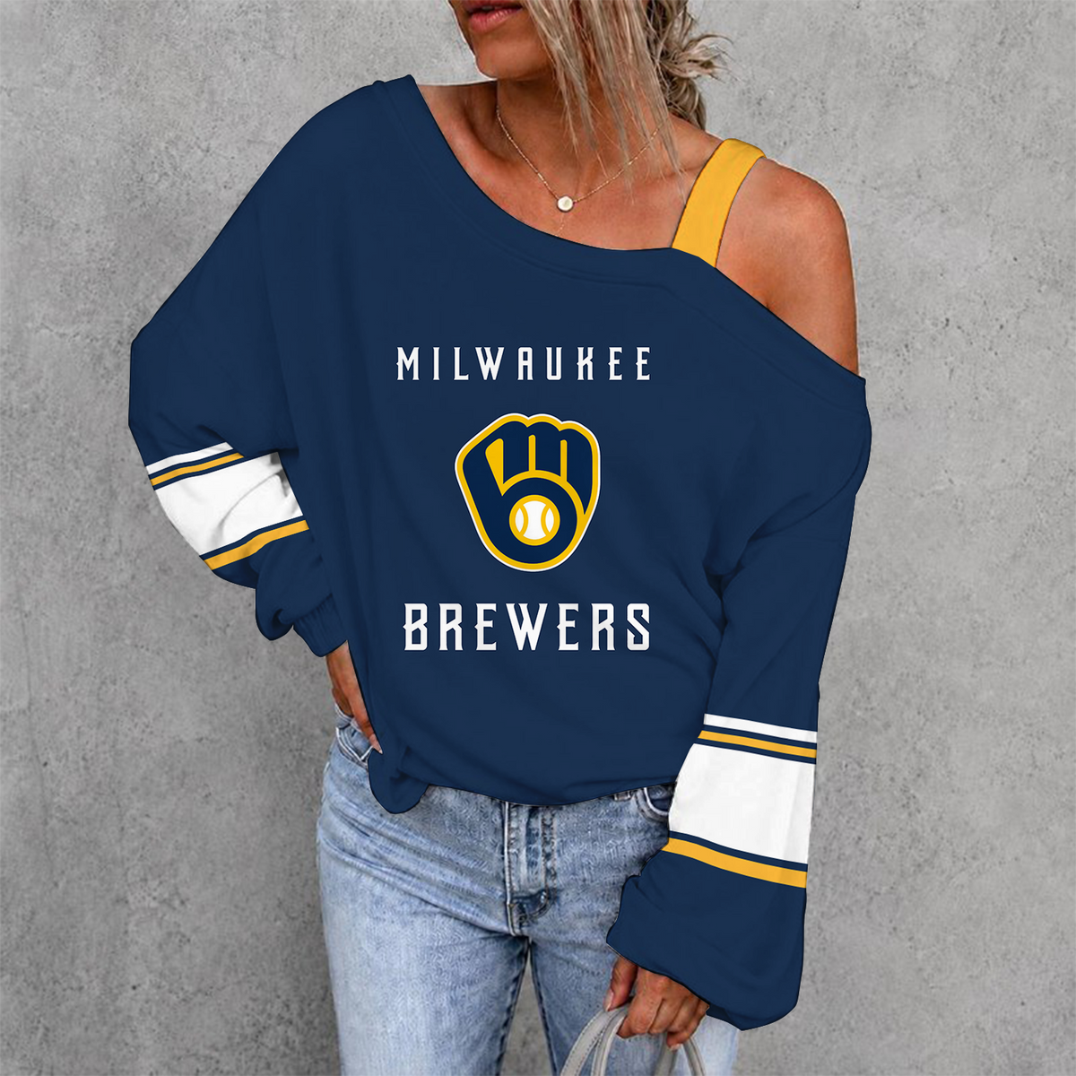 [FLASH SALE] NEW CUSTOMIZED MLB15 MBS MILWAUKEE BREWERS DROP SHOULDER SWEATSHIRT