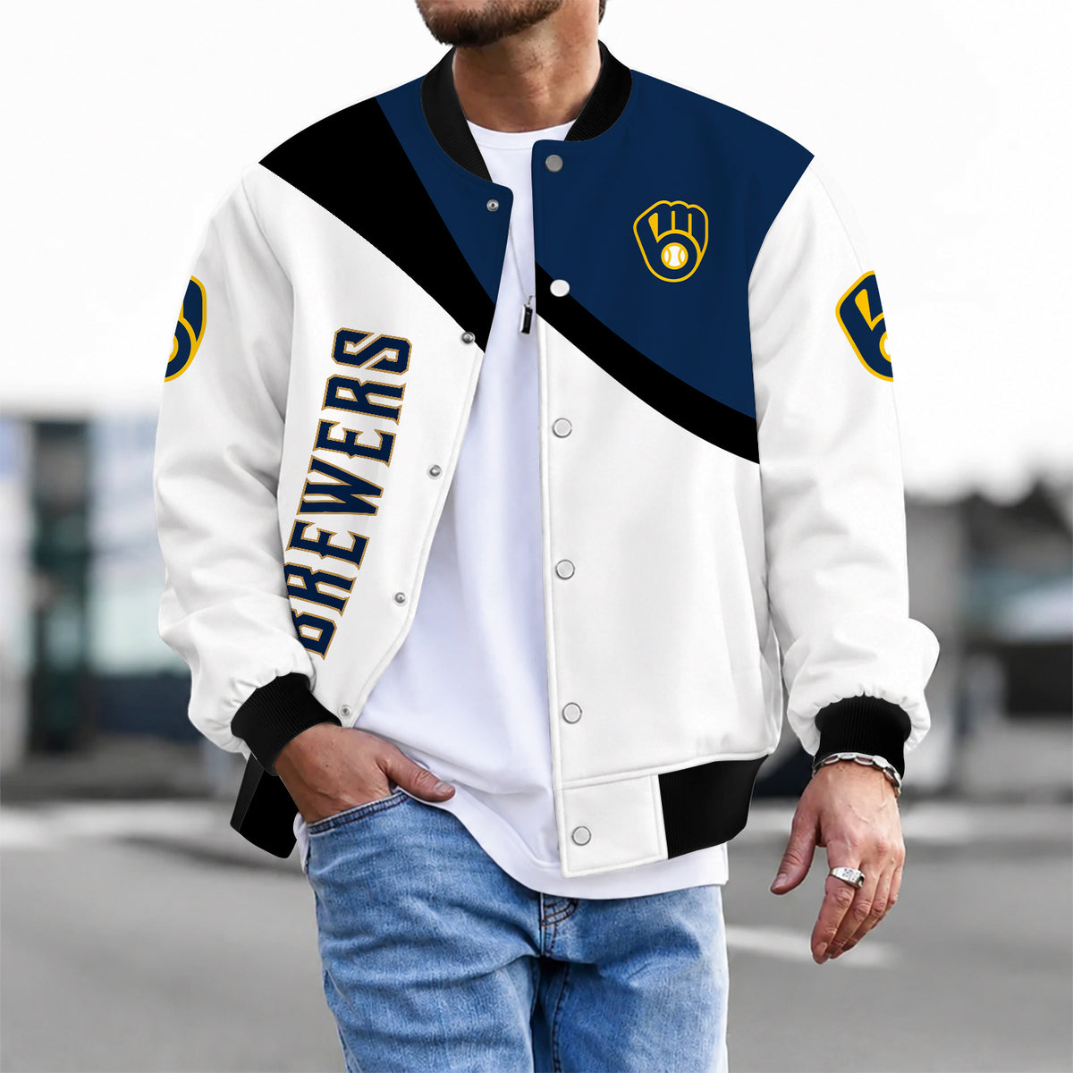 [FLASH SALE] NEW CUSTOMIZED MLB15 MBS MILWAUKEE BREWERS SATIN VARSITY & BASEBALL JACKET