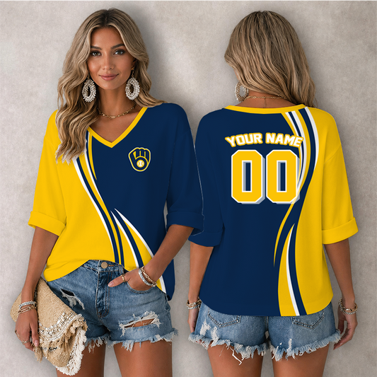 [FLASH SALE] NEW CUSTOMIZED MLB15 MBS MILWAUKEE BREWERS WOMEN'S HEART V-NECK LONG SLEEVE SHIRT