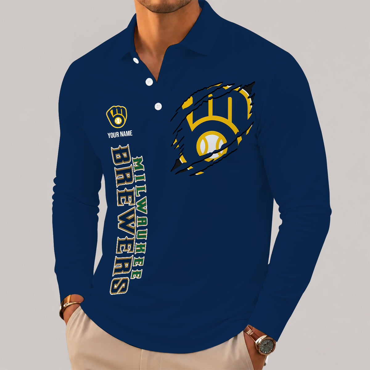 [FLASH SALE] NEW CUSTOMIZED MLB15 MBS MILWAUKEE BREWERS MEN'S LONG SLEEVE POLO
